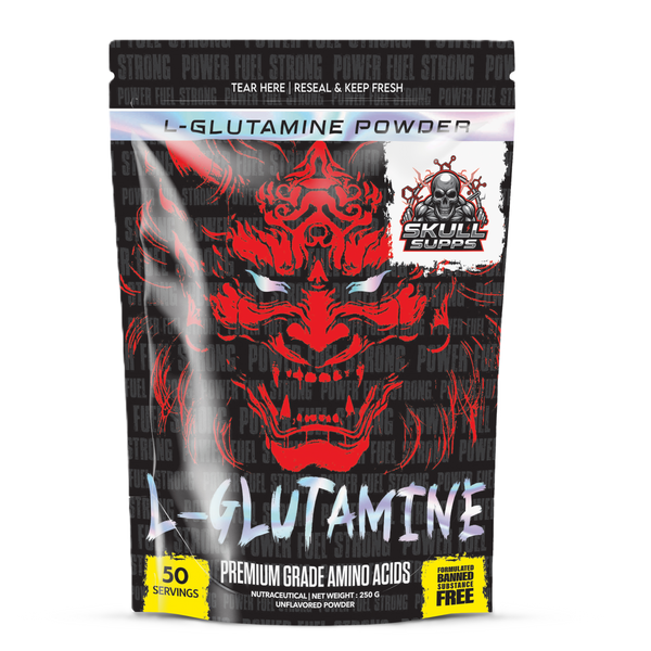 A stand-up pouch of Skull Supps L-Glutamine Powder on a white background. The packaging features a bold red Japanese-style face graphic on a black background, with white and yellow text indicating 50 g servings and premium grade amino acids.