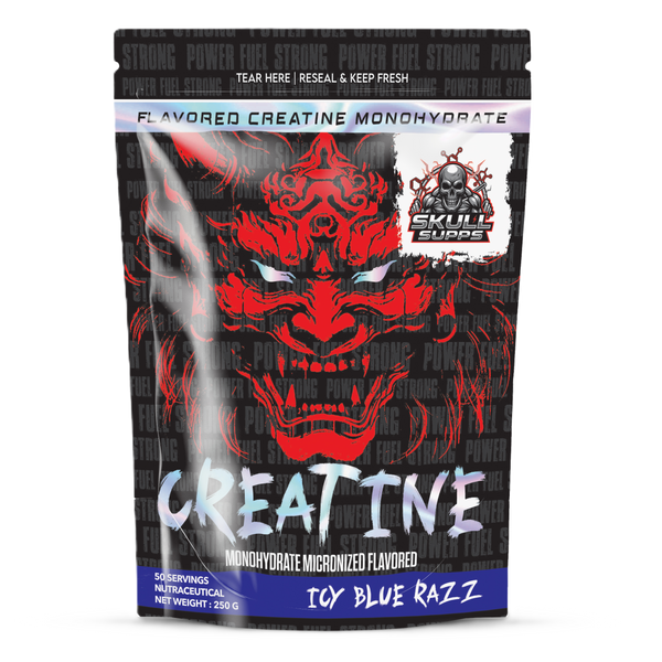 A stand-up pouch of Evil Supps Creatine Monohydrate in 'Toy Blue Razz' flavor, featuring a bold red demon face graphic on a black background with a blue bottom banner.