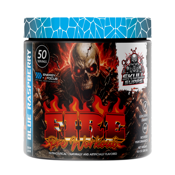 A container of Skull Supps Fire Pre-Workout supplement in Blue Raspberry flavor. The tub has a black label with a fiery red and orange skull graphic, a blue patterned lid, and a vertical blue Raspberry stripe on the left side.