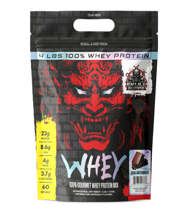 A 4 lb stand-up pouch of Evil Flames Whey Protein Mix in the Red Devil flavor. The packaging is primarily black with a large, stylized red demon face graphic, white and blue text, and a yellow side panel displaying nutritional facts.