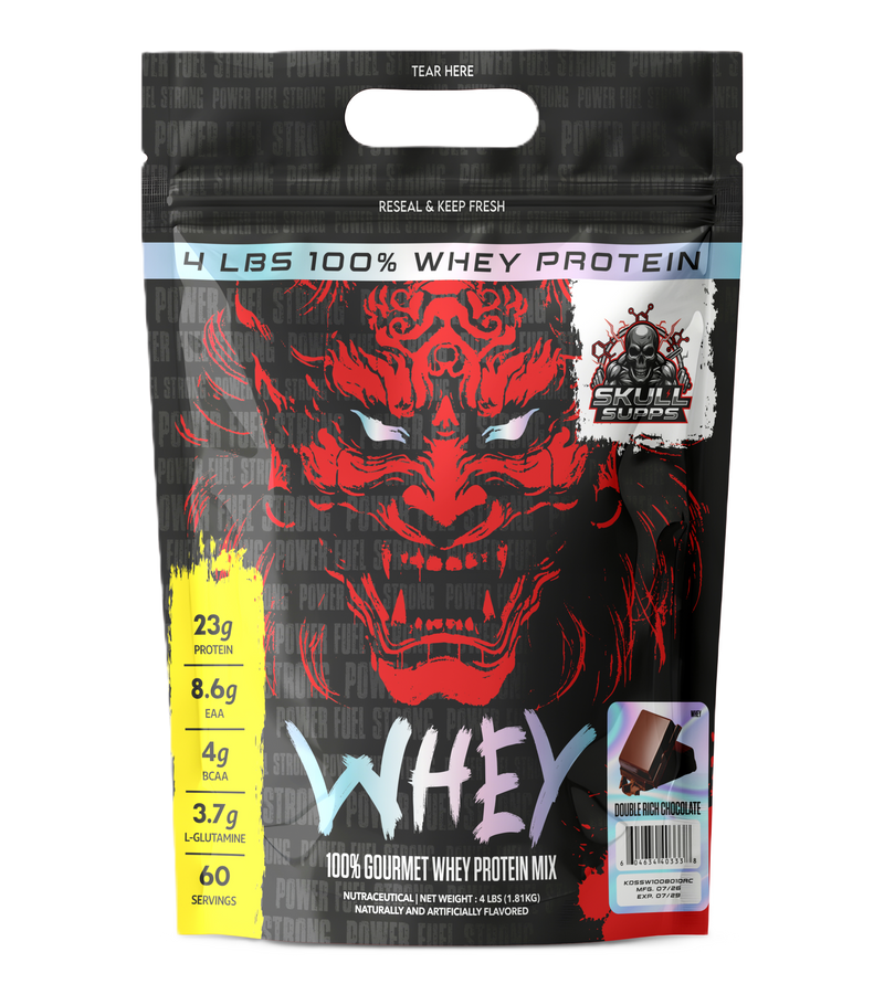 A 4 lb stand-up pouch of Evil Flames Whey Protein Mix in the Red Devil flavor. The packaging is primarily black with a large, stylized red demon face graphic, white and blue text, and a yellow side panel displaying nutritional facts.